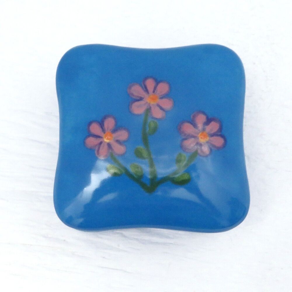 Handmade Ceramic Lidded Blue Square Trinket Dish with Handpainted Flowers
